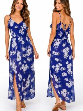 Royal Blue & White Floral Maxi Dress V Neck Spaghetti Straps SzM